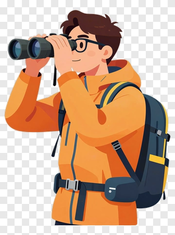 Man Using Binoculars In An Orange Jacket PNG