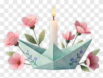 Paper Boat Surrounded By Flowers And A Candle PNG