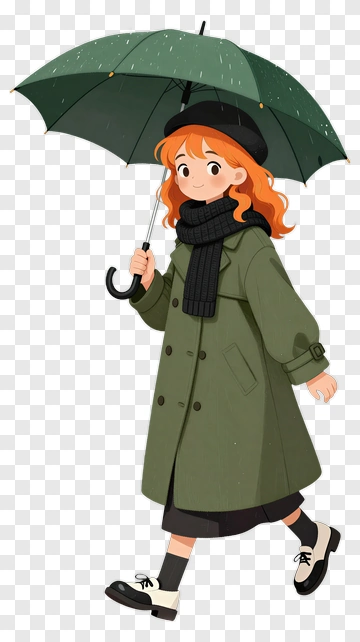 Cartoon Girl Holding A Green Umbrella PNG