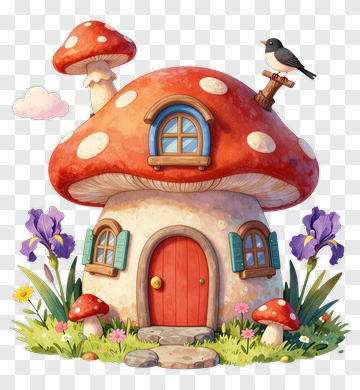 Cartoon Mushroom House With Flowers PNG