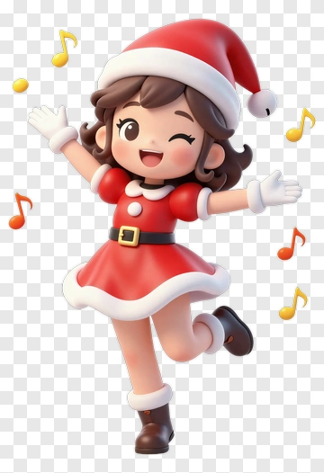 Cartoon Girl In A Christmas Dress With Musical Notes PNG