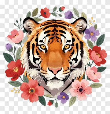Tiger Surrounded By Colorful Flowers PNG