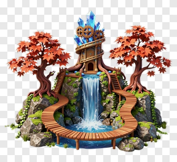 Fantasy Waterfall With Trees And Crystal Structure PNG
