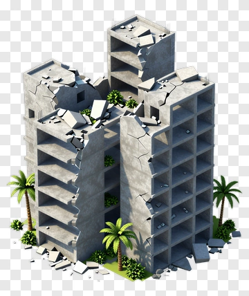 Damaged Concrete Building With Palm Trees PNG