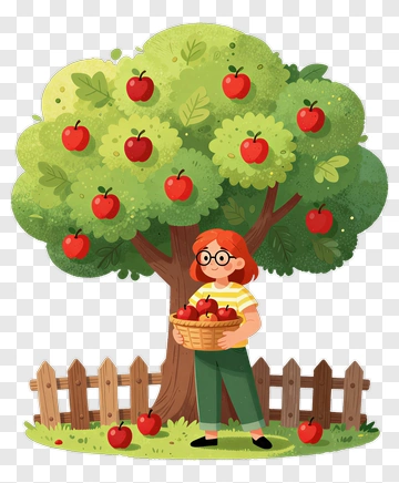 Girl Holding A Basket Of Apples Under A Tree PNG
