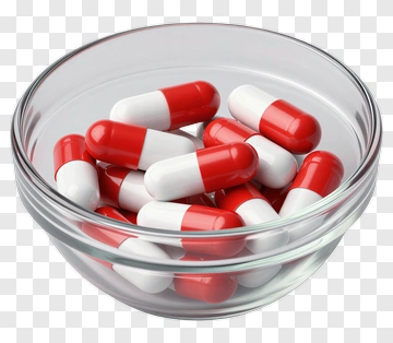 Red And White Capsules In A Glass Bowl PNG