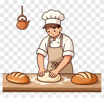 Baker Kneading Dough With Fresh Bread PNG