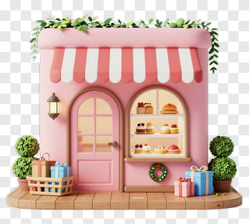 3D Bakery Shop With Colorful Pastries PNG