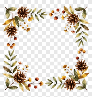 Watercolor Floral Frame With Pine Cones And Leaves PNG