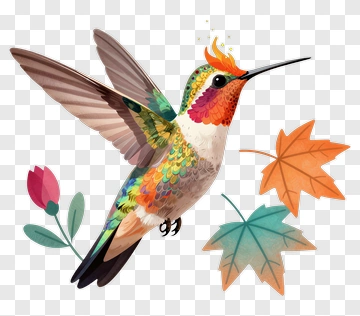 Colorful Hummingbird With Leaves And Flowers PNG