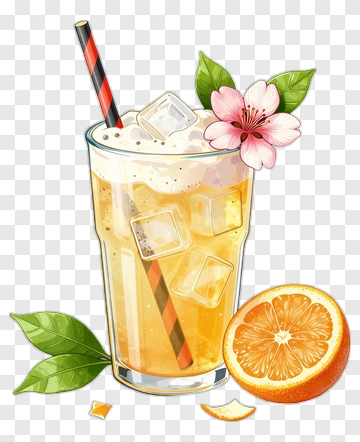 Refreshing Orange Juice With Ice And Flower PNG