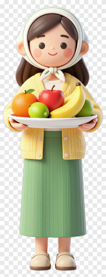 Cartoon Woman Holding A Plate Of Fruits PNG