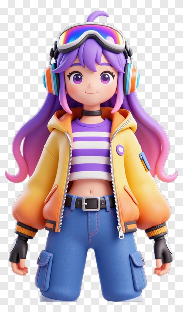 3D Girl Wearing Headphones And Colorful Jacket PNG