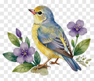Colorful Bird Among Flowers PNG