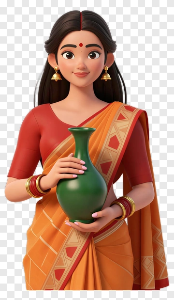 Woman In Traditional Attire Holding A Green Pot PNG