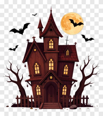 Haunted House With Bats And Full Moon PNG