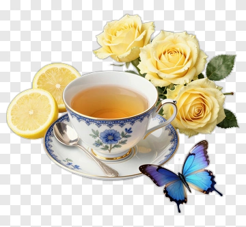 Tea Cup With Yellow Roses And Lemon Slices PNG