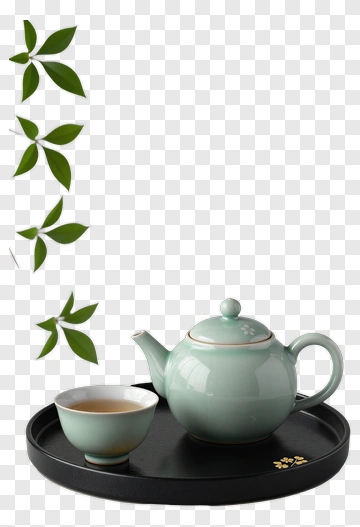 Teapot And Tea Cup On A Tray With Green Leaves PNG