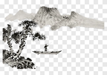 Traditional Chinese Landscape With Fisherman On Boat PNG