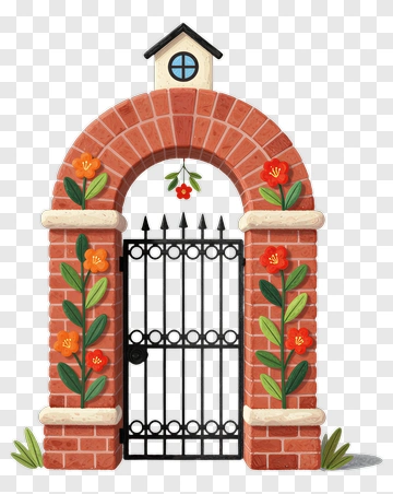 Decorative Brick Archway With Black Gate And Flowers PNG