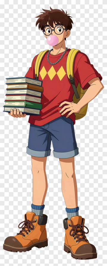 Animated Boy Holding Books And Chewing Gum PNG