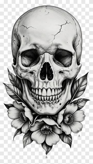 Skull With Flowers In Black And White PNG