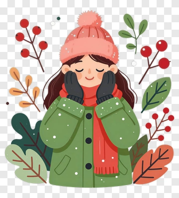 Cartoon Girl In Winter Coat With Leaves PNG