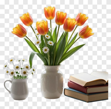 Colorful Tulip Bouquet In A Vase With Books PNG
