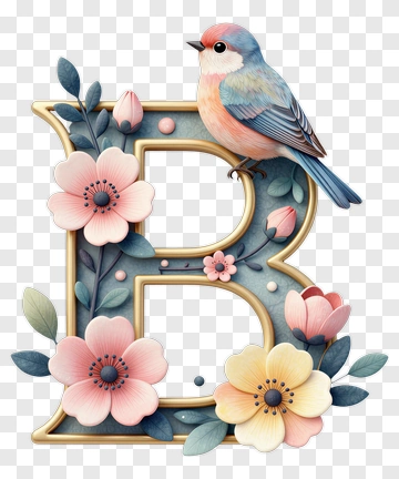 Illustrative Letter B With Flowers And Bird PNG