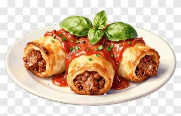 Plate Of Meat-Filled Cannelloni With Tomato Sauce PNG