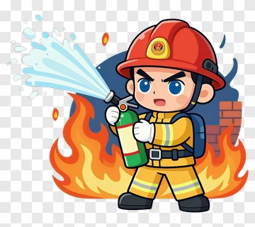 Cartoon Firefighter Extinguishing Flames PNG