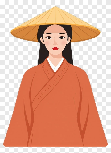 Woman In Traditional Asian Attire With Bamboo Hat PNG
