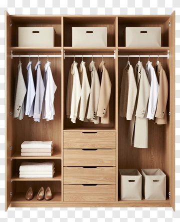 Wooden Wardrobe With Clothing And Storage Bins PNG