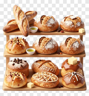 Assorted Bakery Bread And Pastries On A Wooden Stand PNG
