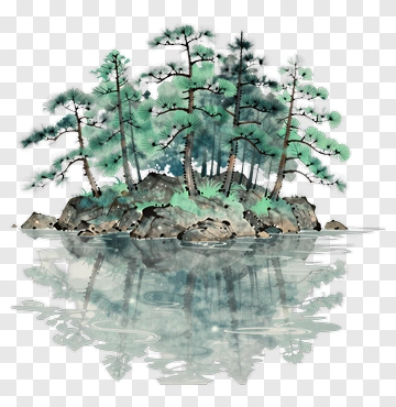 Watercolor Island With Pine Trees And Reflection PNG
