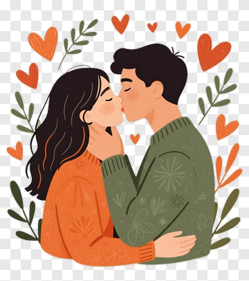 Couple Kissing With Hearts And Leaves PNG