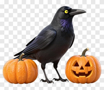 Cartoon Raven With Halloween Pumpkins PNG