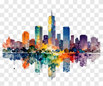 Colorful Watercolor City Skyline Reflection PNG