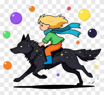 Girl Riding A Black Wolf With Colorful Bubbles PNG