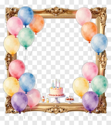 Colorful Birthday Cake Surrounded By Balloons PNG