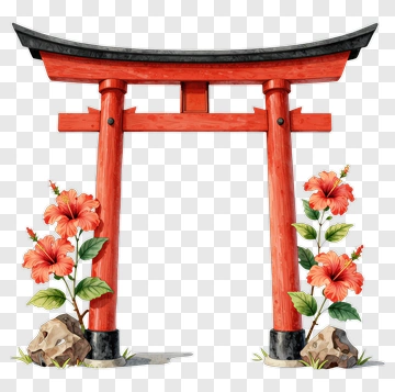 Japanese Torii Gate With Hibiscus Flowers PNG