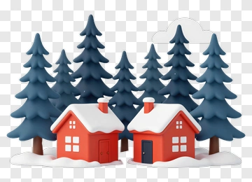 Winter Scene With Snow-Covered Houses And Pine Trees PNG