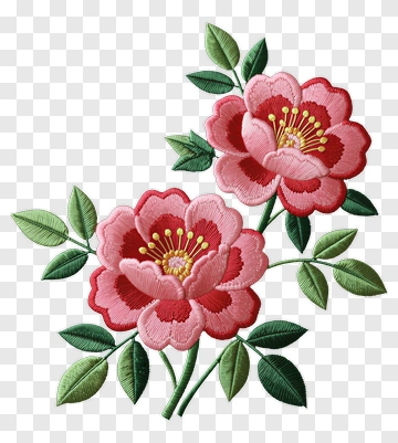 Embroidered Pink Flowers With Green Leaves PNG