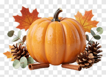 Pumpkin Surrounded By Autumn Leaves And Pinecones PNG