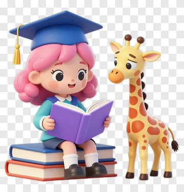 Cartoon Girl Reading A Book With A Giraffe PNG