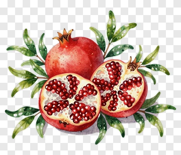 Watercolor Pomegranate With Green Leaves PNG