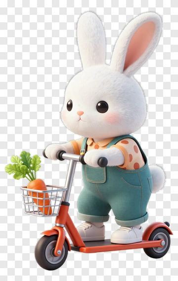 3D Rabbit Riding A Scooter With A Basket Of Carrots PNG
