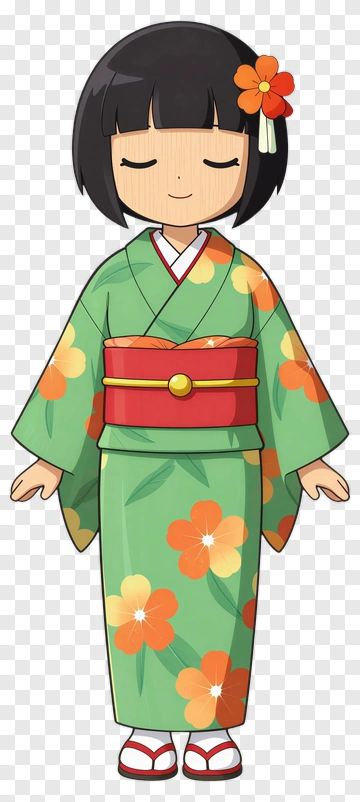 Cartoon Girl In Floral Kimono PNG