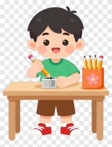 Cartoon Boy Sharpening Pencil At A Desk PNG