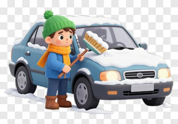 Cartoon Boy Cleaning Snow Off A Blue Car PNG